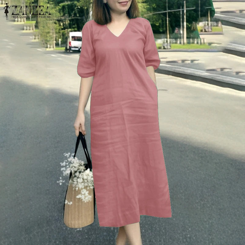 Zanzaea Women V Neck Short Sleeve Jersey Summer Dress