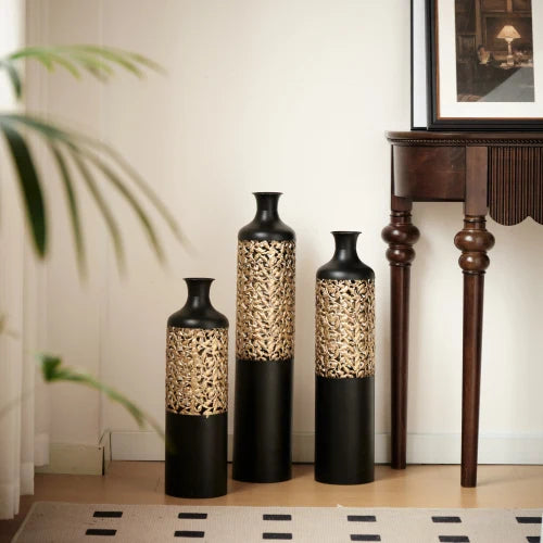 Modern Gold Leaf Pattern Metal Floor Vases Set of 3 Tall Decorative Vases 24/28/32.3 Inch Home Living Room Decor
