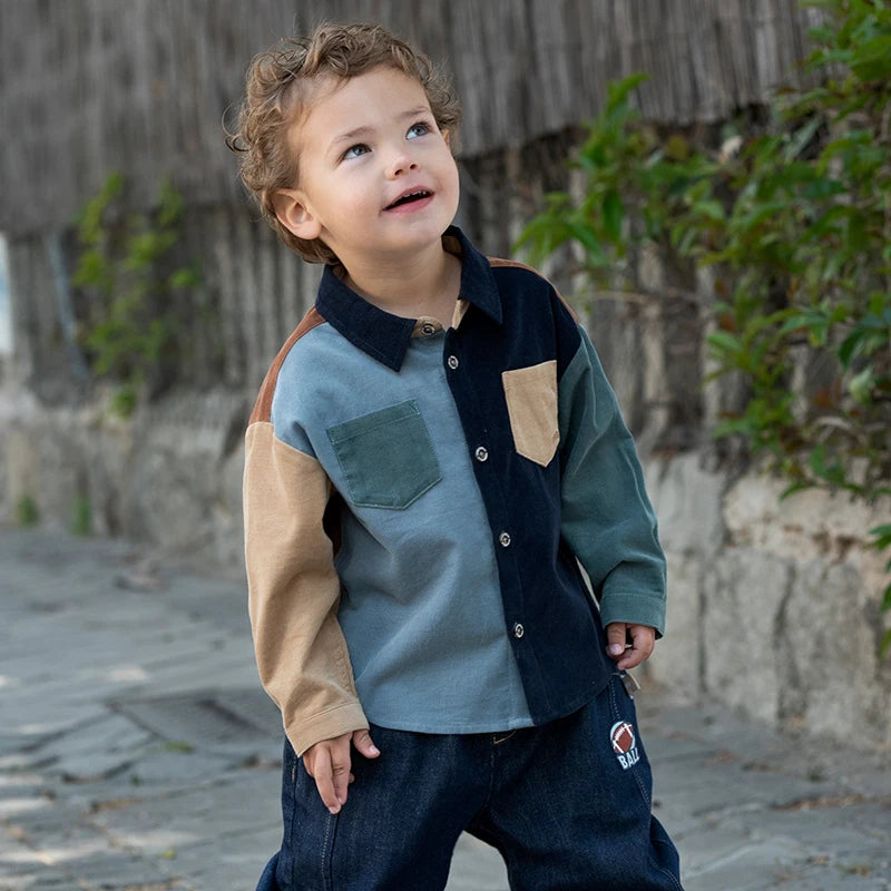Dave Bella Boy Spring Autumn Shirt Casual Cotton Blouse for Childern Long Sleeve Button-Down Top with Pocket DB3241650