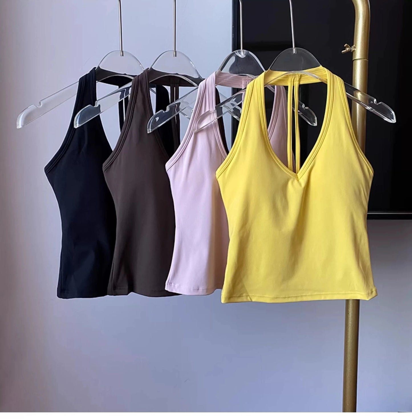 Women's Sexy V-Neck Fitness Bra Nude Sports Bra Hanging Neck Yoga Suit Vest Comfortable Breathable Gym Top for Active Wear