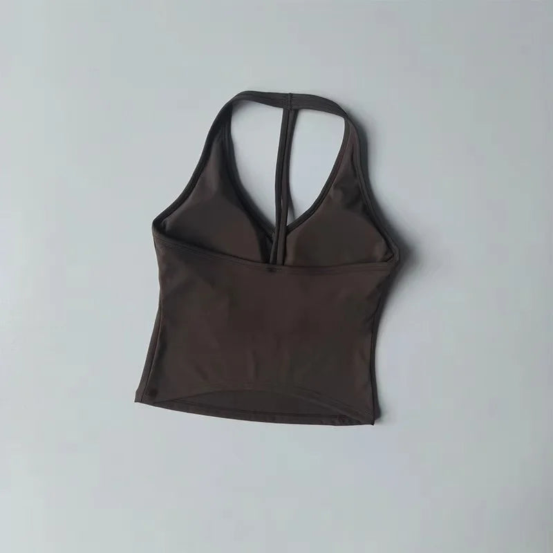 Women's Sexy V-Neck Fitness Bra Nude Sports Bra Hanging Neck Yoga Suit Vest Comfortable Breathable Gym Top for Active Wear