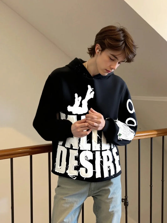 Men's Applique Embroidered Letter Hooded Sweatshirt Fallen Desire High Street Daily Hoodie