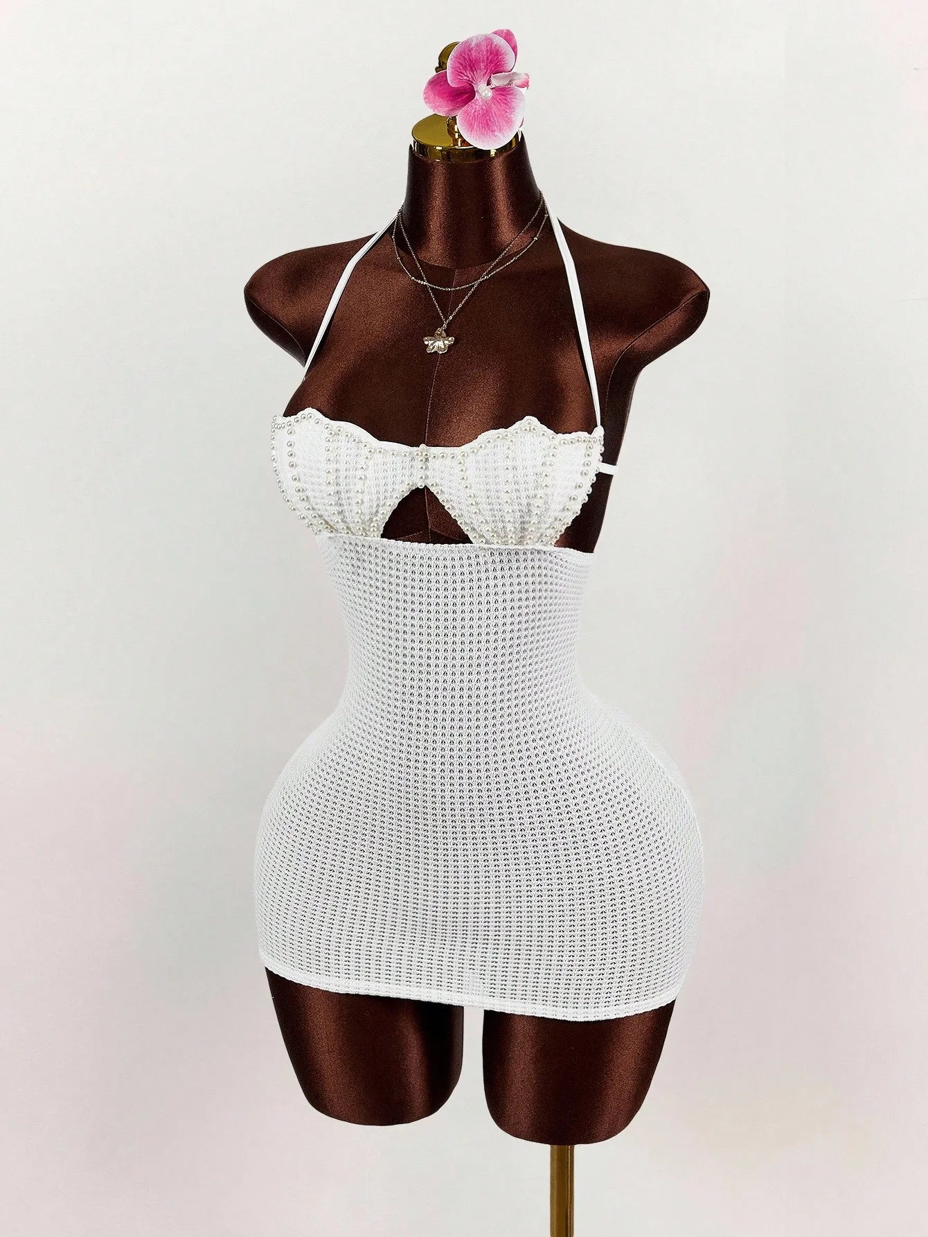 Pearl Shell Halter Backless Mini Bodycon Dress Crochet Bikini