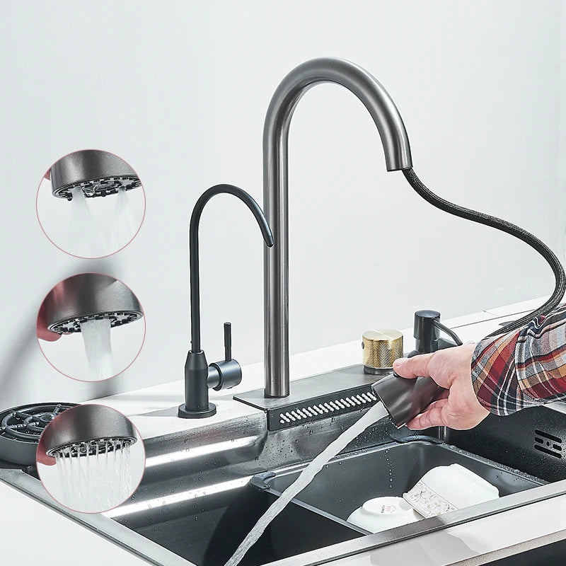 MYQualife 304 Stainless Steel Waterfall Kitchen Sink Faucet Set