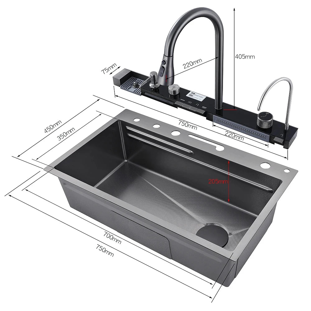 MYQualife Stainless Steel Waterfall Kitchen Sink With Digital Display Faucet