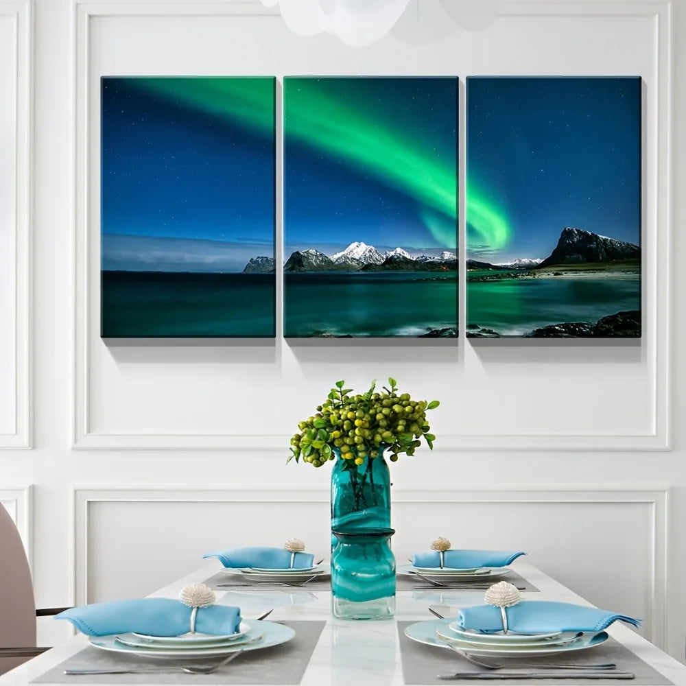 3 piece canvas mural print - Aurora Snow Mountain landscape, modern home decor,1.5 inch thick wood frame
