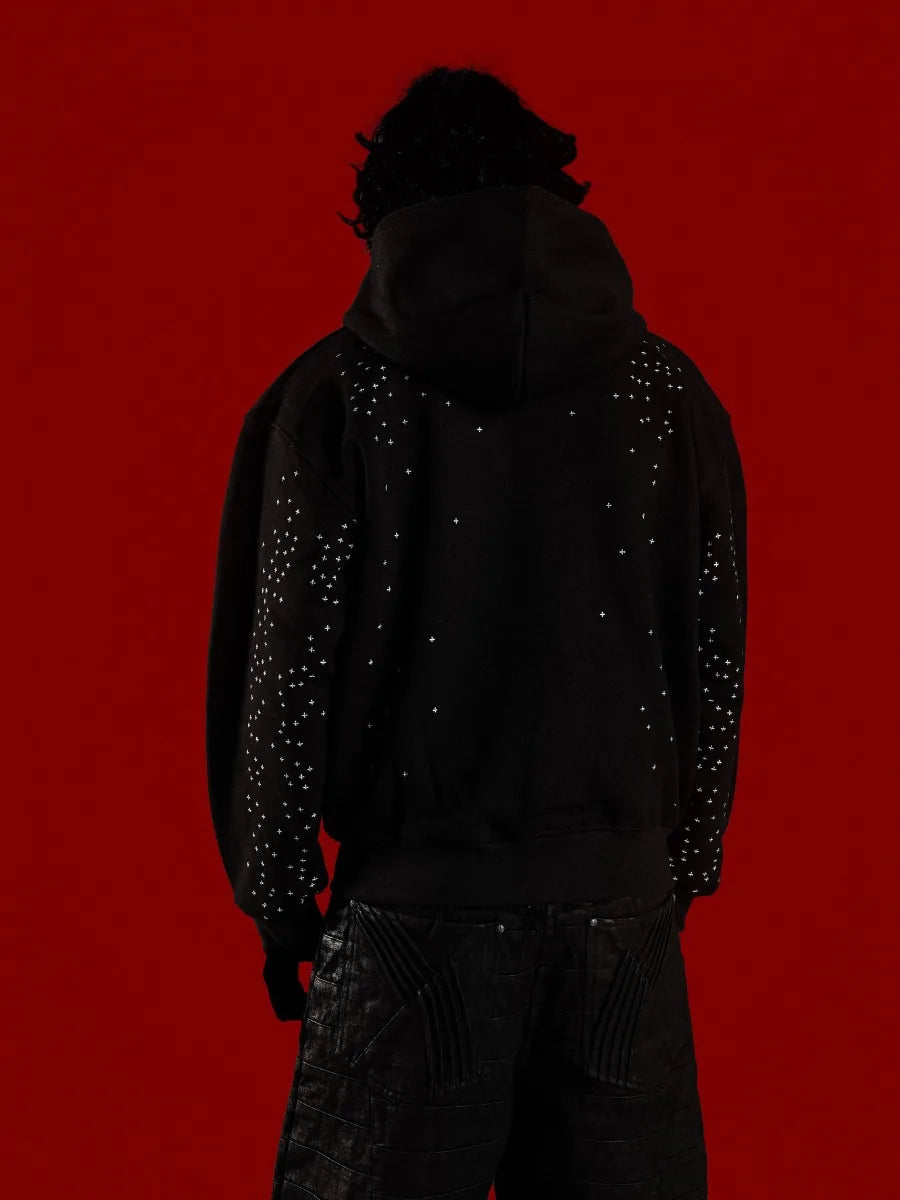 Men's American Retro Street Hip-Hop Loose Jacket Autumn Starry Hot Diamond Hooded Zipper Sweatshirt
