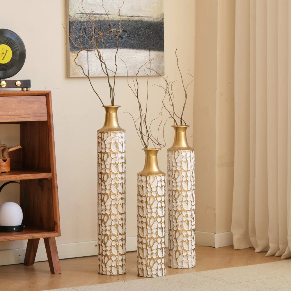 Modern Gold Leaf Pattern Metal Floor Vases Set of 3 Tall Decorative Vases 24/28/32.3 Inch Home Living Room Decor