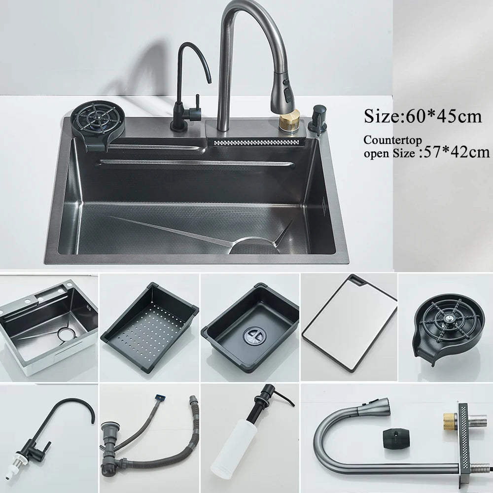 MYQualife Stainless Steel Waterfall Kitchen Sink With Digital Display Faucet
