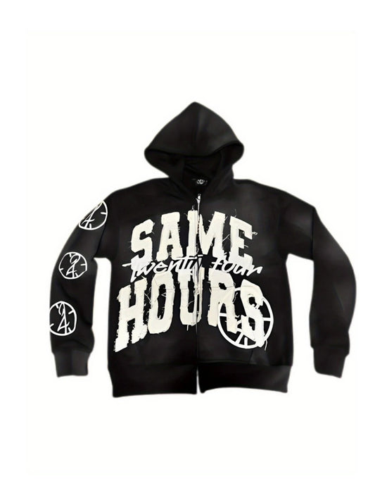 Men's Gothic Hoodies Harajuku Letter Printing Graffiti Sweatshirt Fashion Full Zip Streetwear