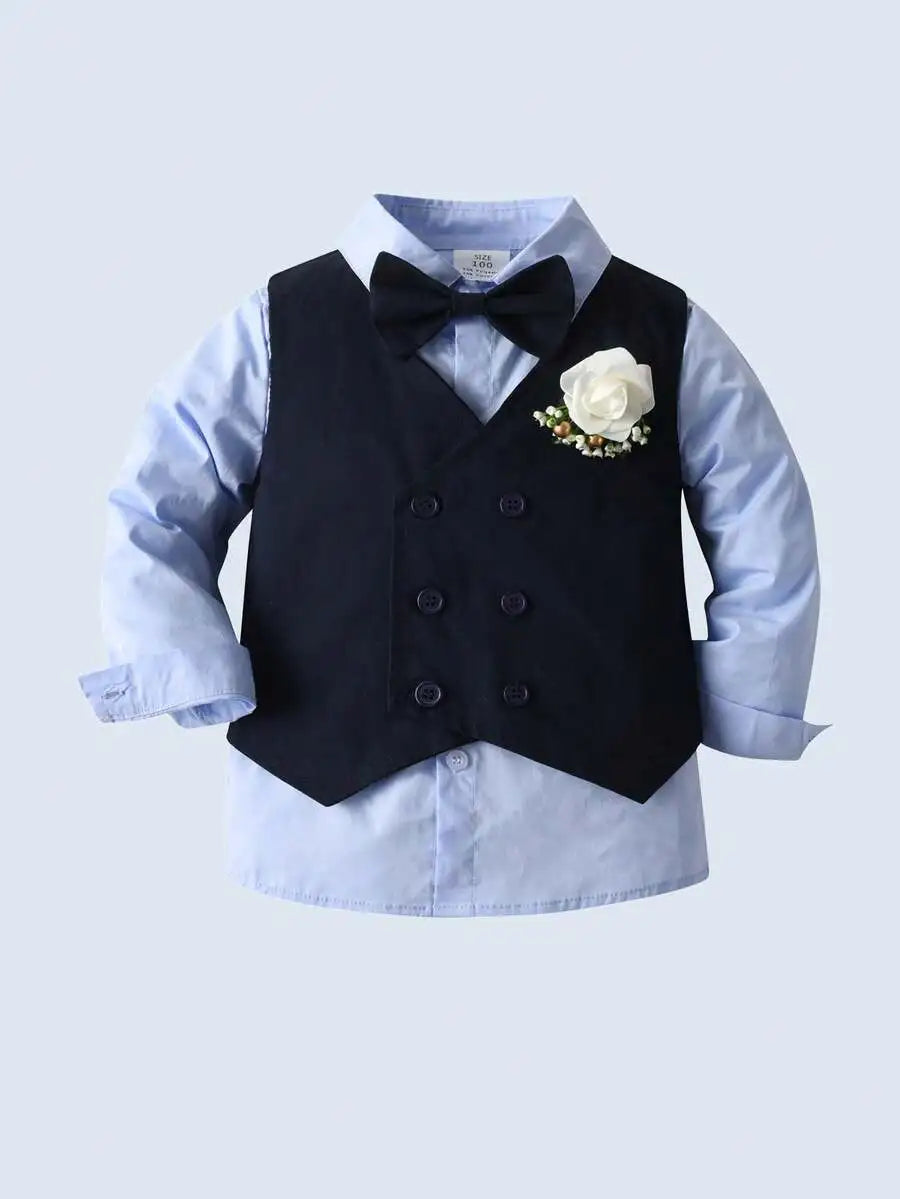 3-Piece Formal Suit Set for Toddler Boys: Shirt, Vest, Pants with Bowtie & Flower Pin