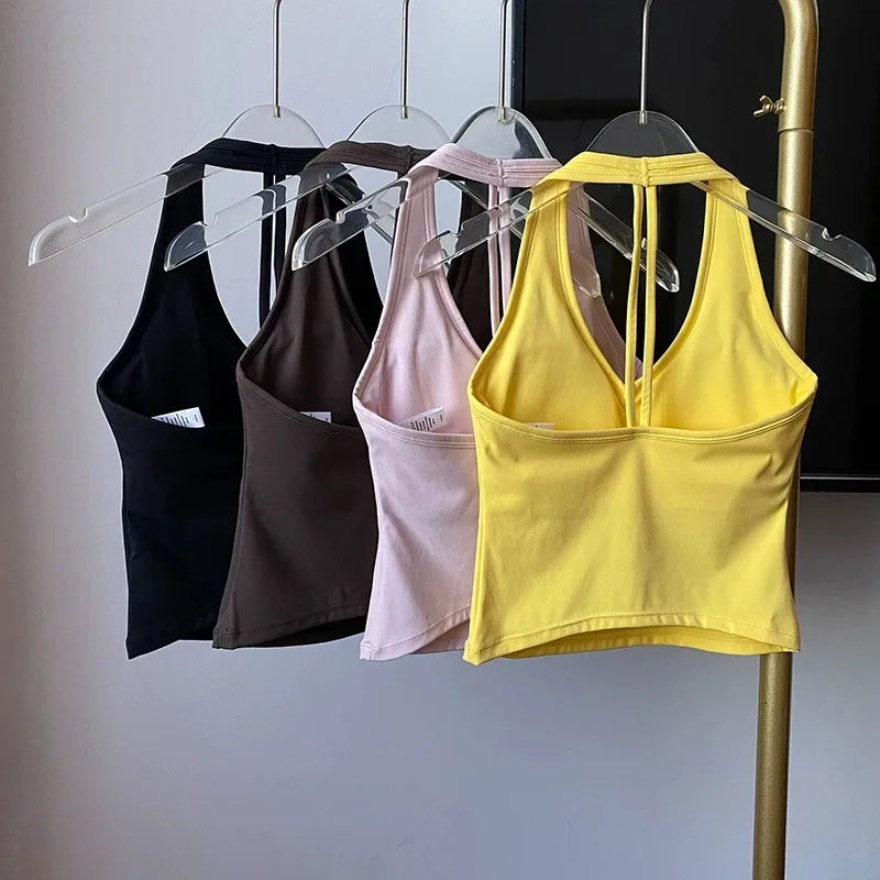 Women's Sexy V-Neck Fitness Bra Nude Sports Bra Hanging Neck Yoga Suit Vest Comfortable Breathable Gym Top for Active Wear