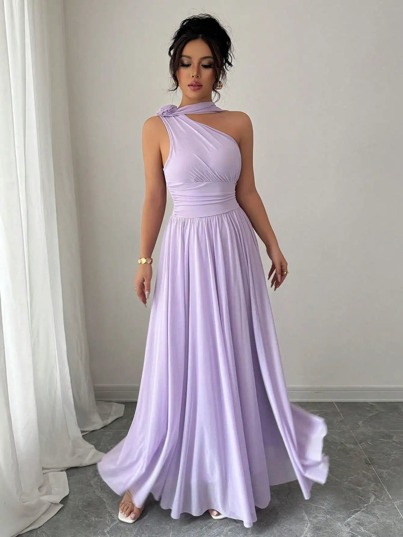 One Shoulder Maxi Dress With Draped Neck And Pleated Skirt