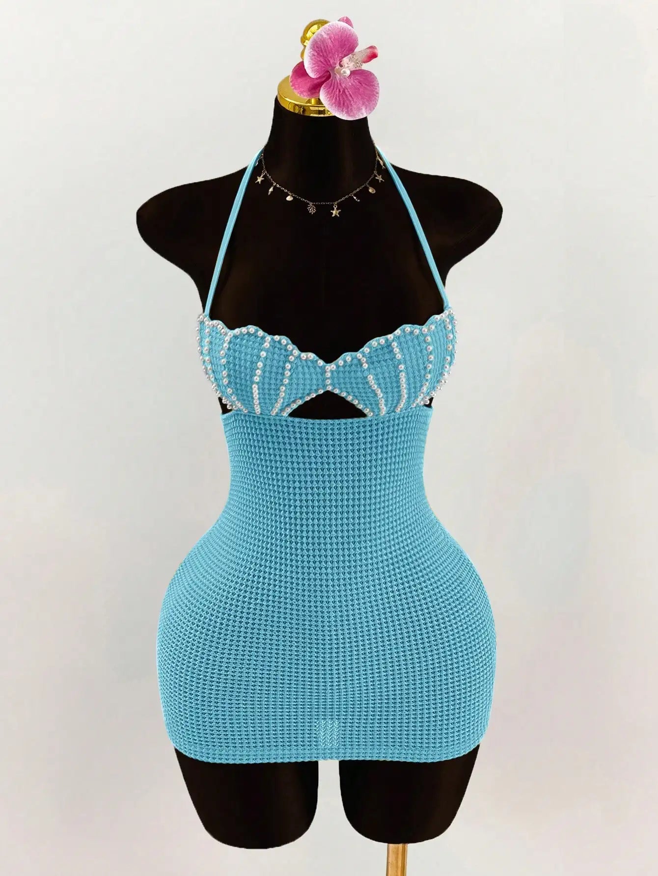 Pearl Shell Halter Backless Mini Bodycon Dress Crochet Bikini