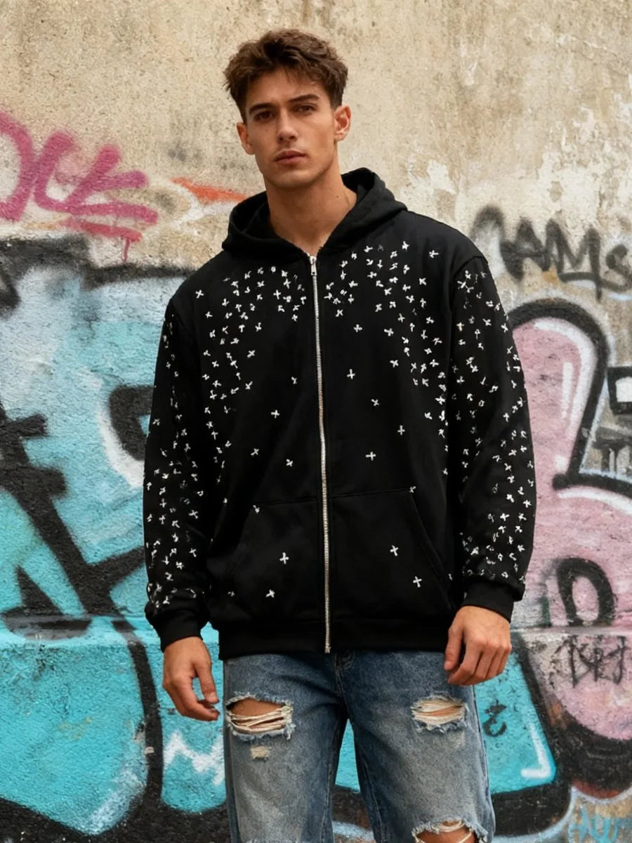 Men's American Retro Street Hip-Hop Loose Jacket Autumn Starry Hot Diamond Hooded Zipper Sweatshirt