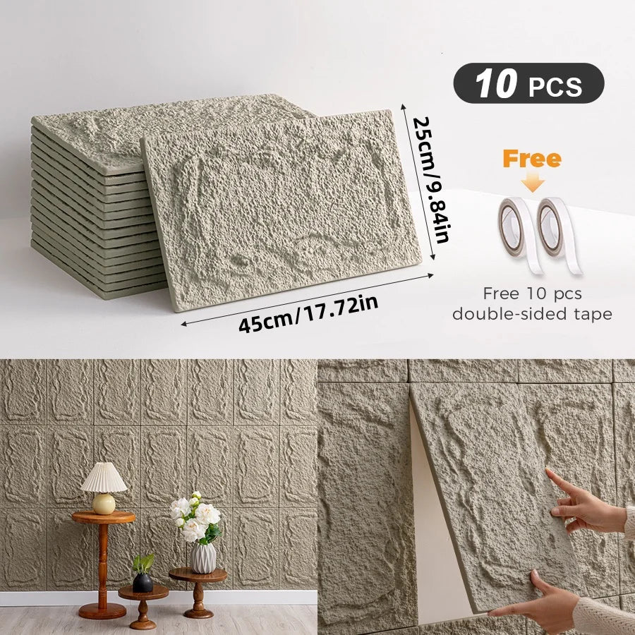 10pcs 3D Self-adhesive Stone Wall Panels 10mm thickness PU Wall Panels Wall Decor 9.84inx17.72in Suitable for indoor and outdoo