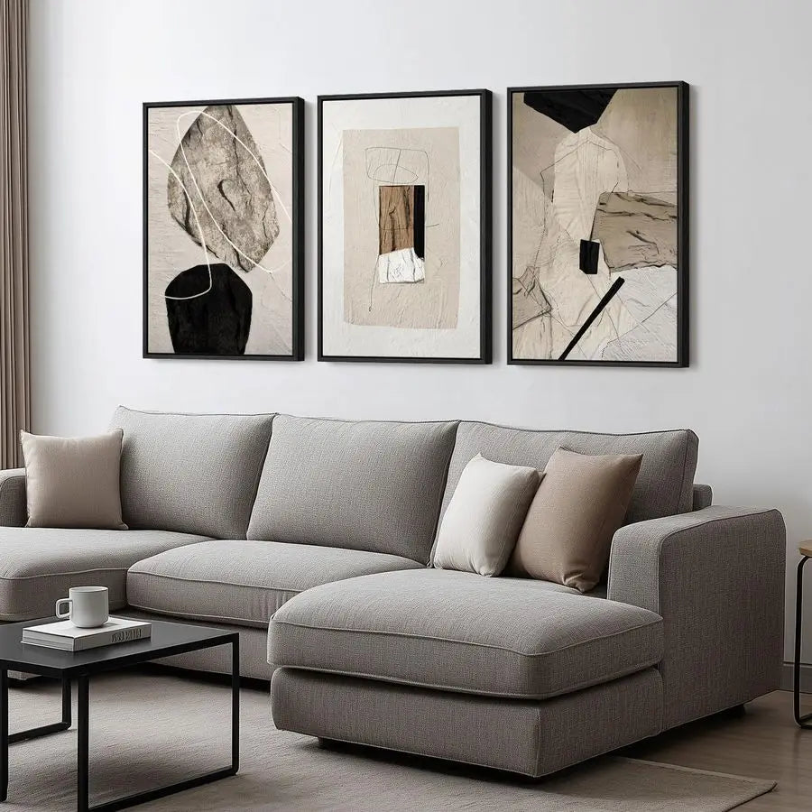 Neutral Abstract Wall Art, Set of 3 Modern Canvas Prints Paintings Artwork for Walls, Minimalist Black and Beige Pictures for Li