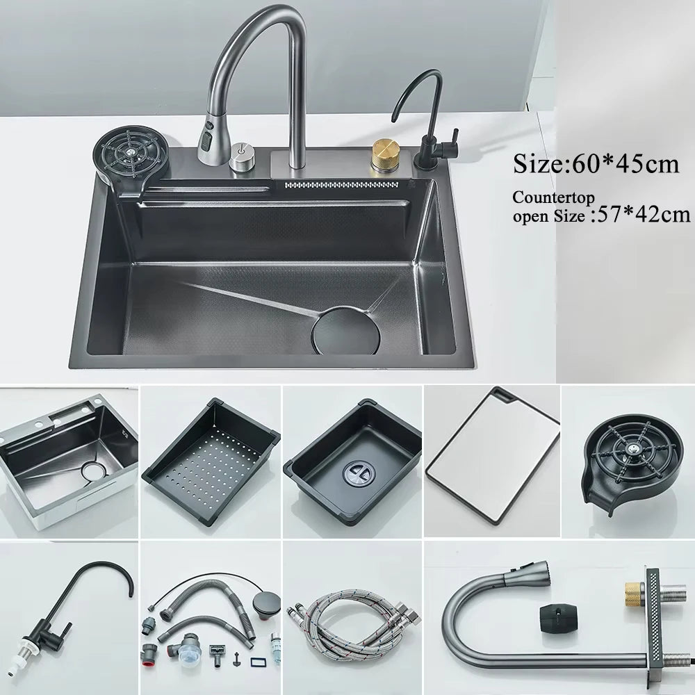 MYQualife Stainless Steel Waterfall Kitchen Sink With Digital Display Faucet