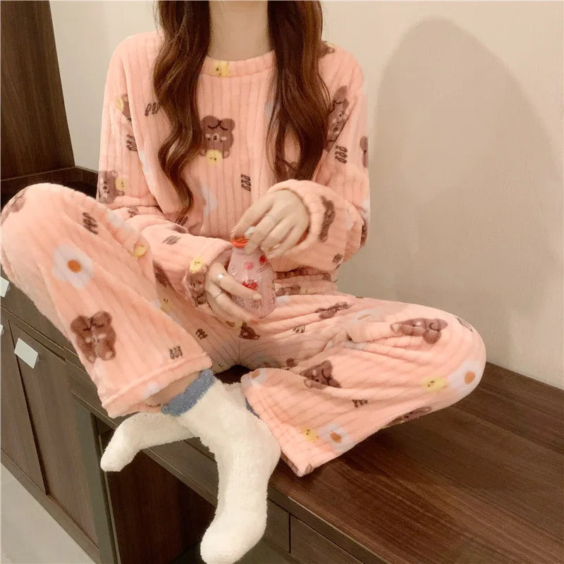 Winter Women's Pajamas Homewear Suit New Coral Fleece Warm Set of Fall and Winter Comfortable Warm Pajamas Homewear Suit