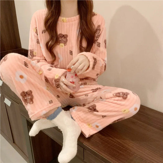 Winter Women's Pajamas Homewear Suit New Coral Fleece Warm Set of Fall and Winter Comfortable Warm Pajamas Homewear Suit