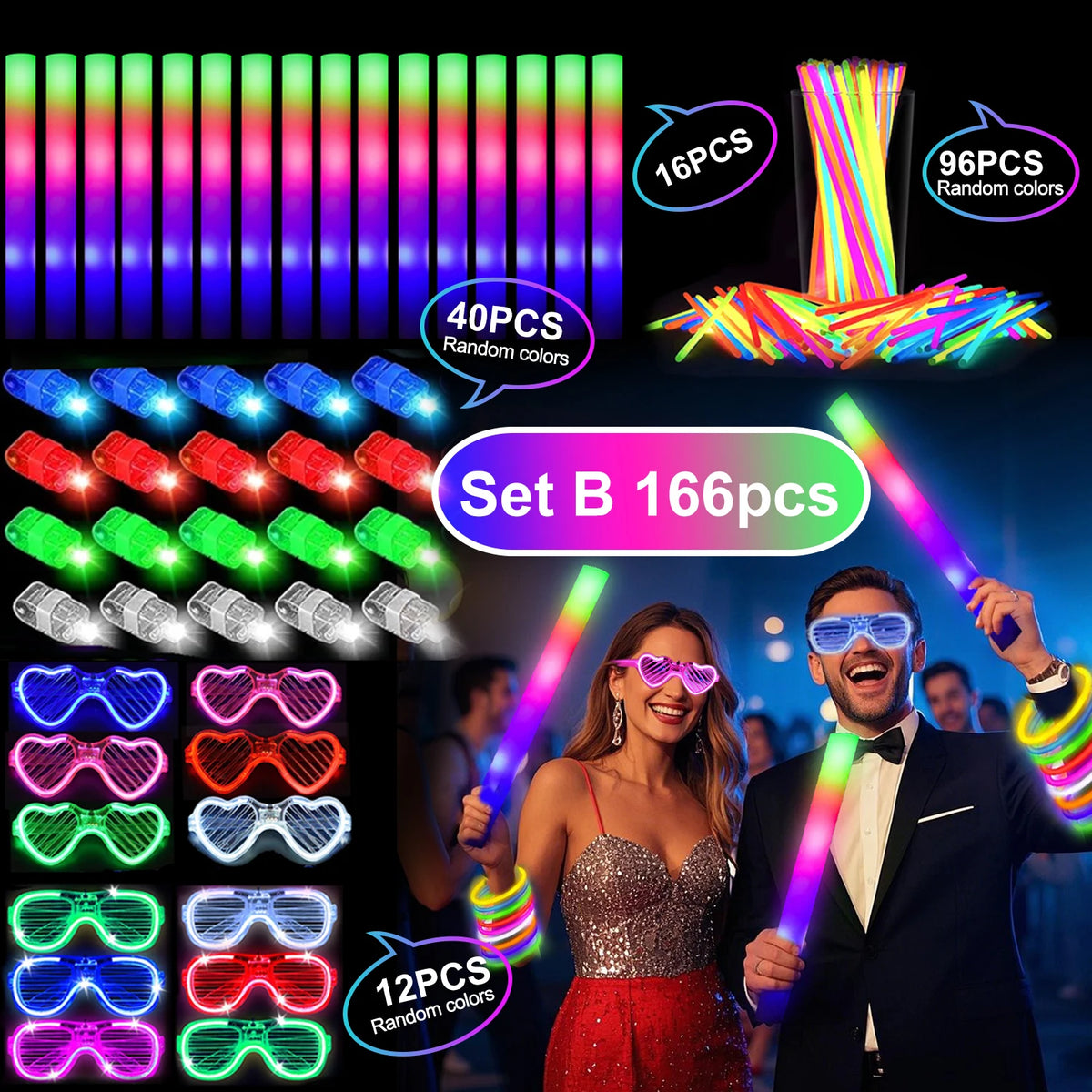 166 Piece Glow Party Set Led-Glasses Foam-Sticks Finger-Lights Glow-Sticks