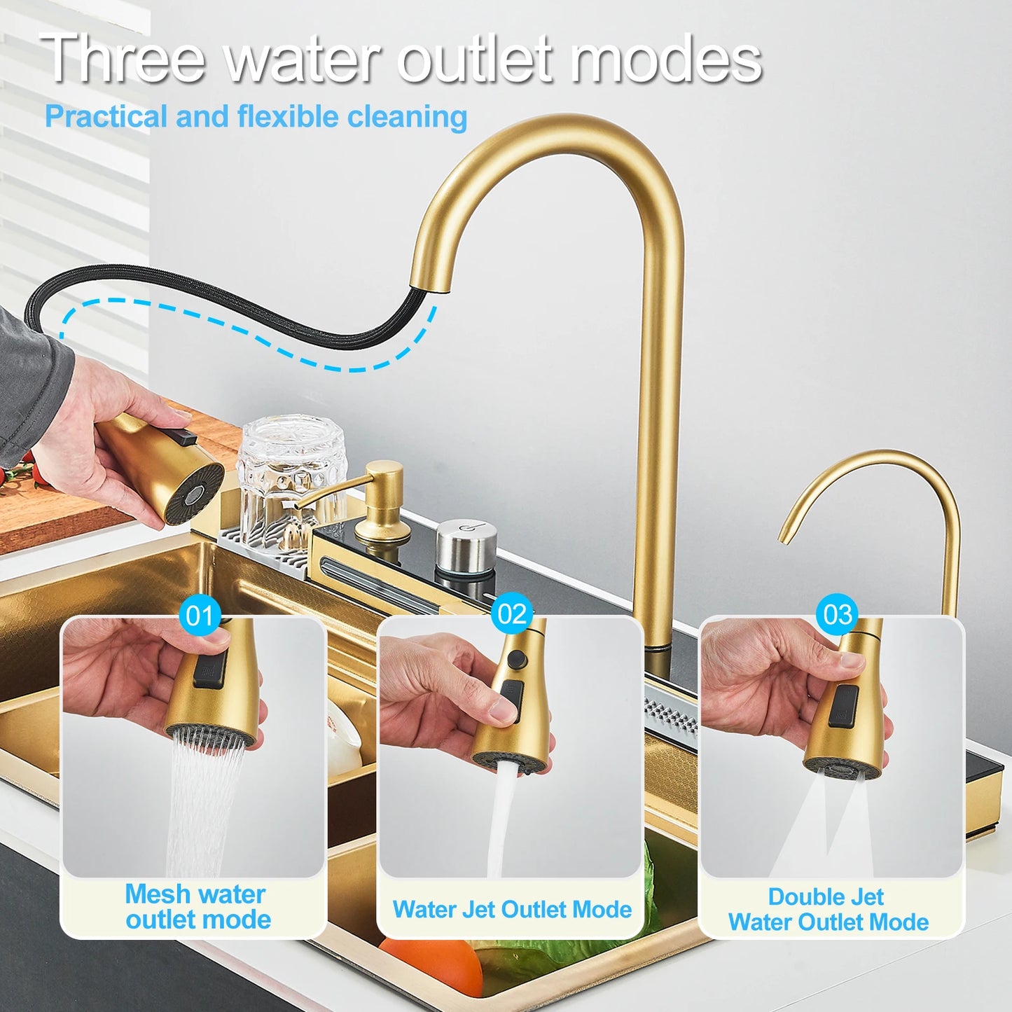 Stainless Steel Waterfall Kitchen Sink Faucet Set With Digital Display