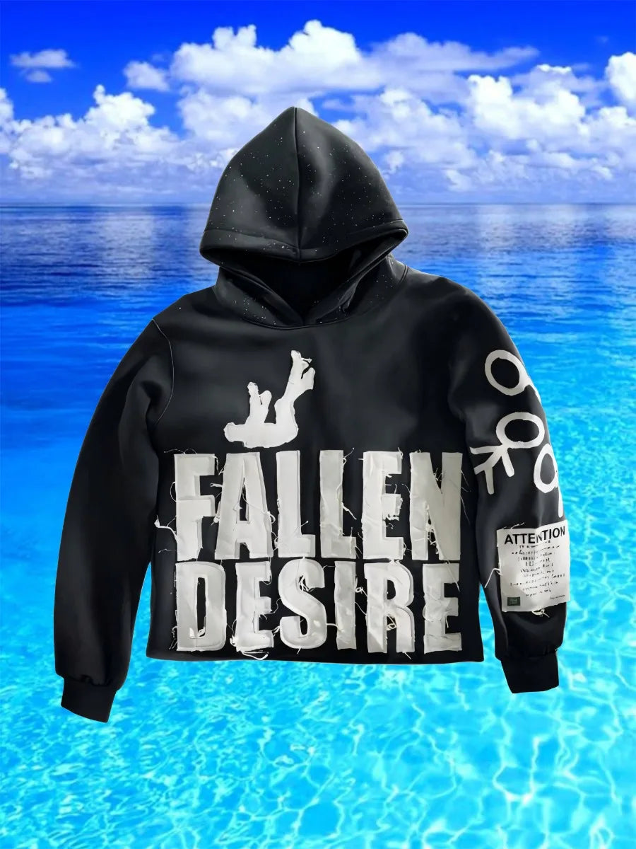 Men's Applique Embroidered Letter Hooded Sweatshirt Fallen Desire High Street Daily Hoodie