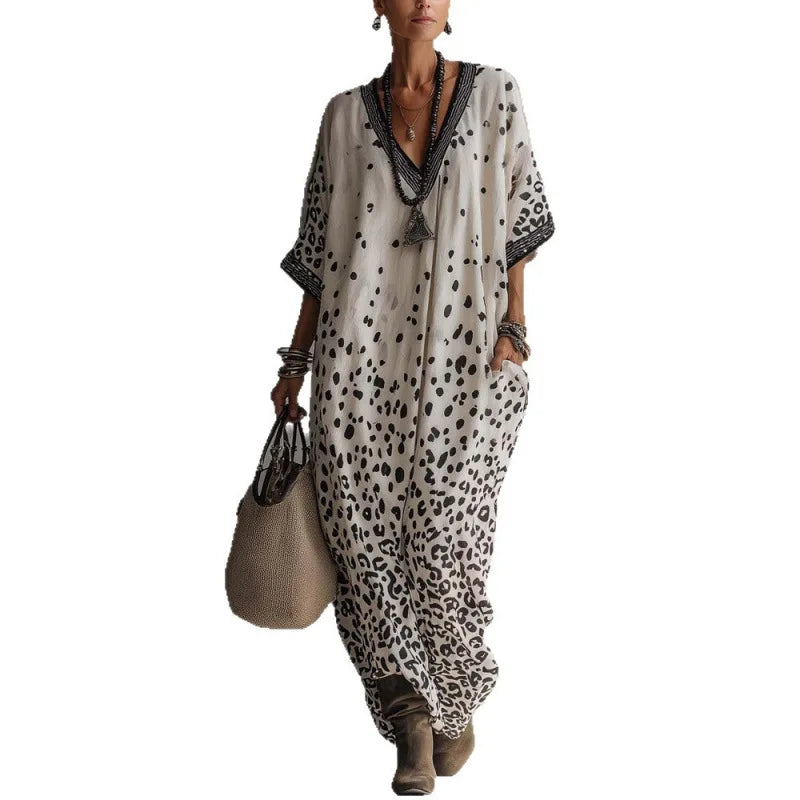 Women Digital Print Kaftan Maxi Dress V Neck Half Sleeve