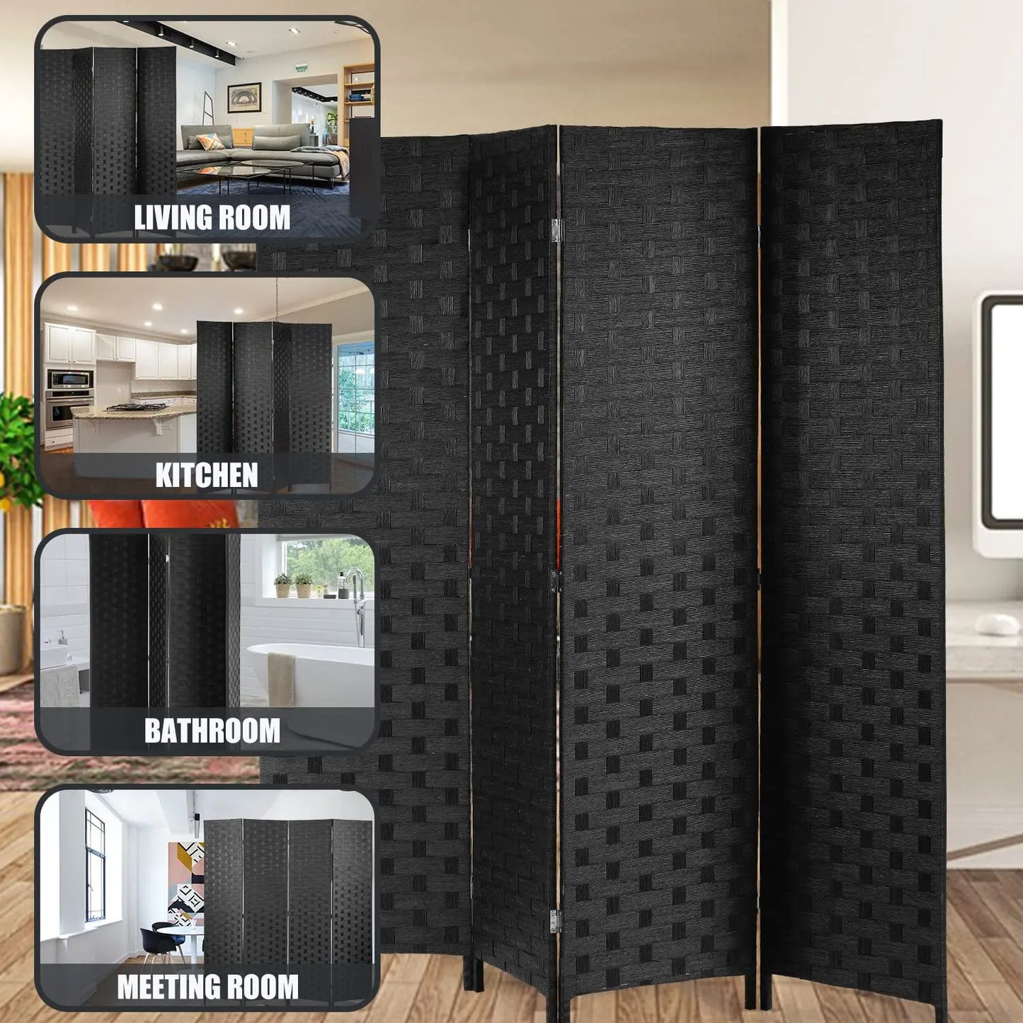 Room Divider,4 Panels 6FT Folding Privacy Screen Room Divider Wall Wood Mesh Hand-Woven Design Freestanding, Customized