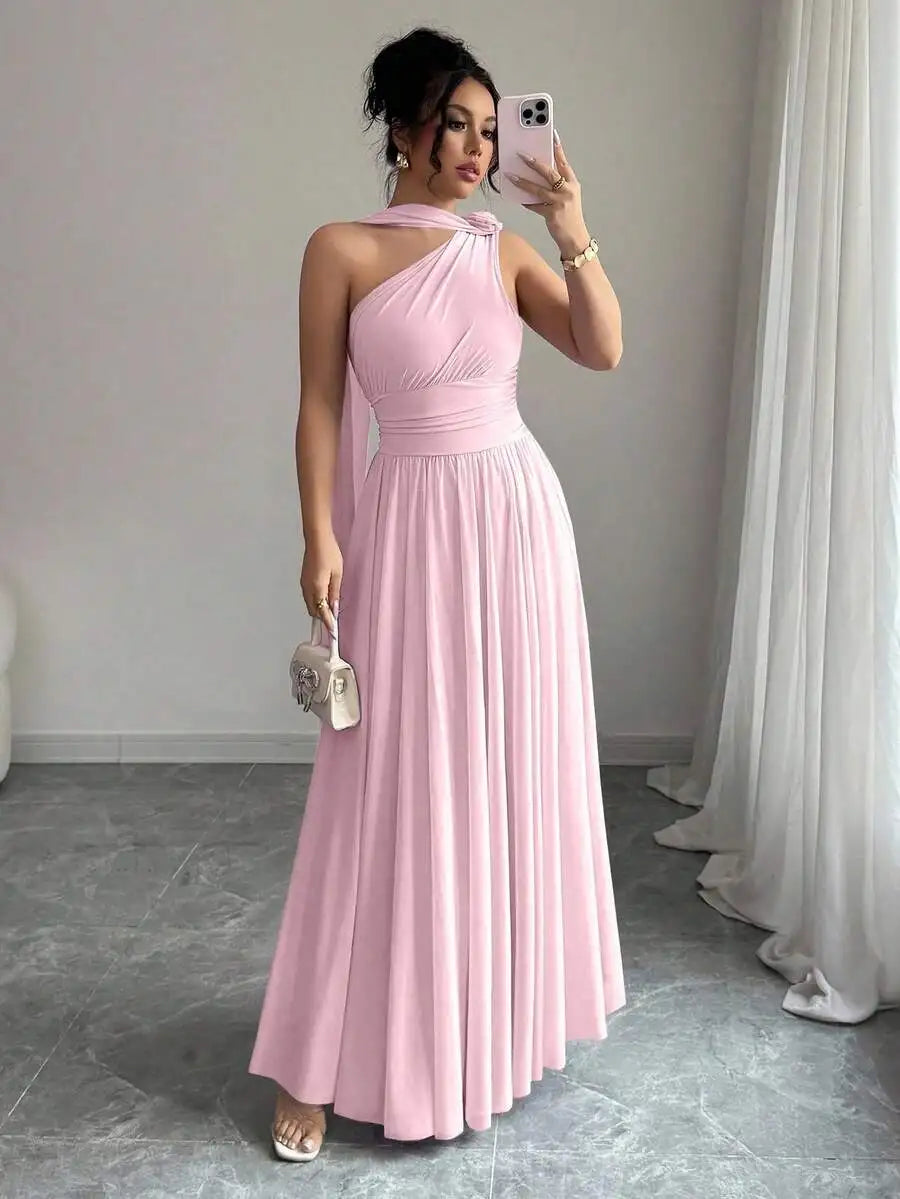 One Shoulder Maxi Dress With Draped Neck And Pleated Skirt