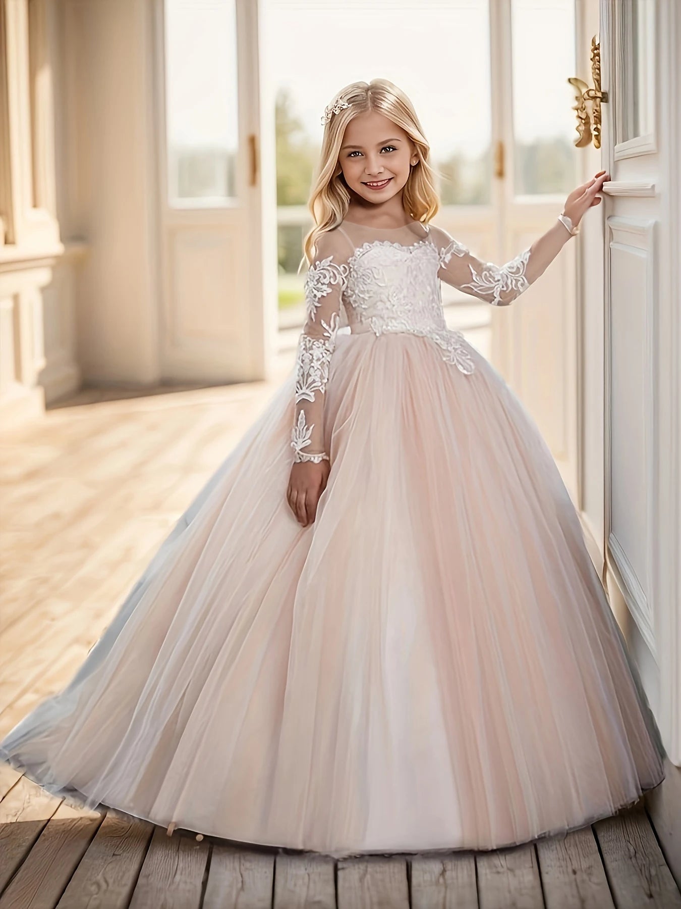 Lace Embroidery Sheer Long Sleeves Kids Trailing Gowns