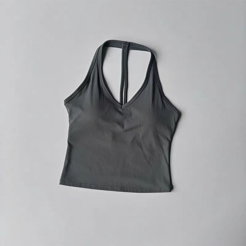 Women's Sexy V-Neck Fitness Bra Nude Sports Bra Hanging Neck Yoga Suit Vest Comfortable Breathable Gym Top for Active Wear