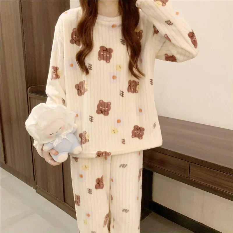 Winter Women's Pajamas Homewear Suit New Coral Fleece Warm Set of Fall and Winter Comfortable Warm Pajamas Homewear Suit