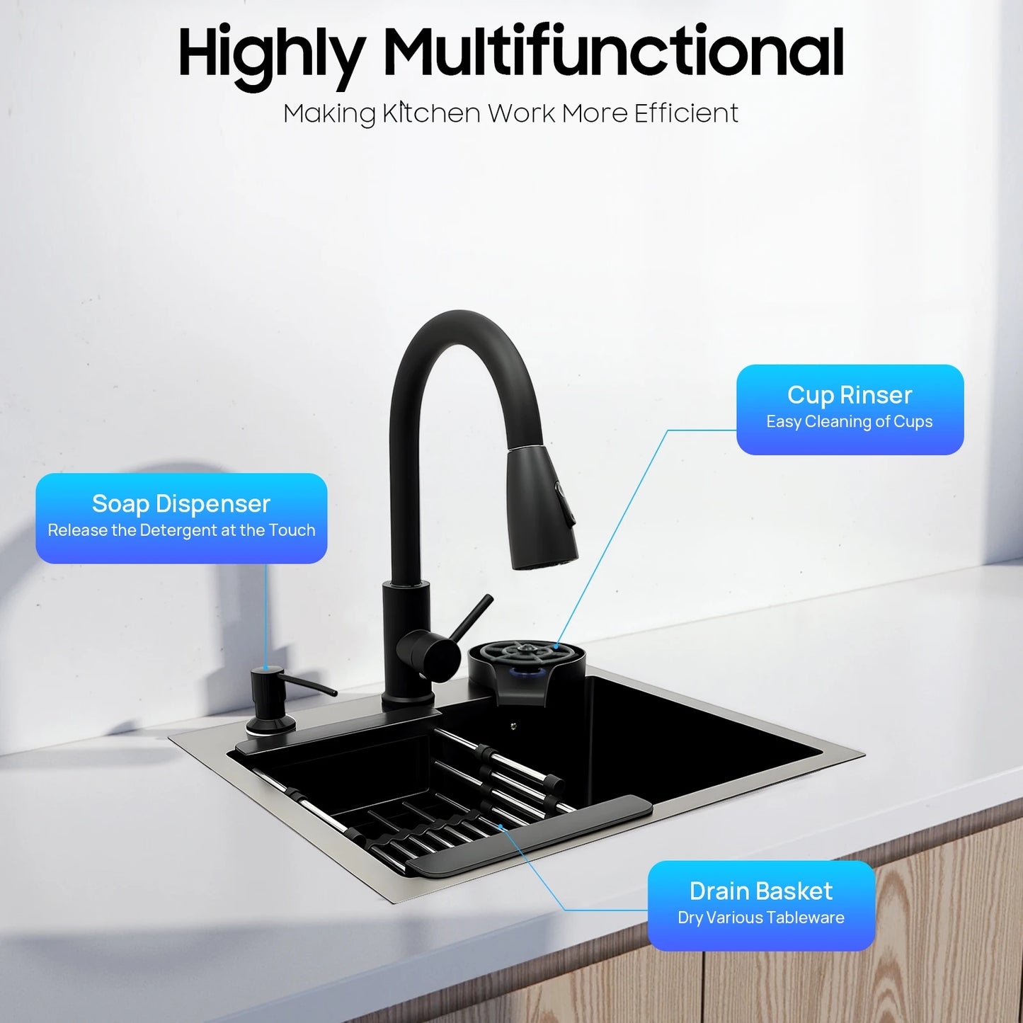 Multifunctional Kitchen Sink With Retractable Faucet And Soap Dispenser
