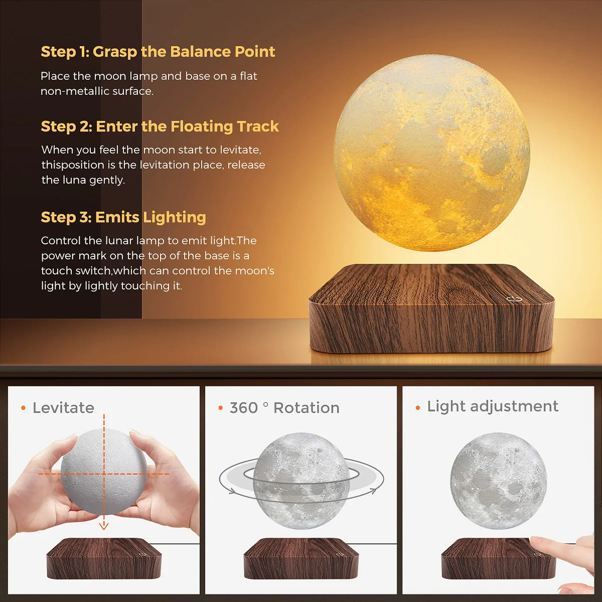 Mexllex Magnetic Floating Moon Lamp, Wooden Base, 3 Color LED