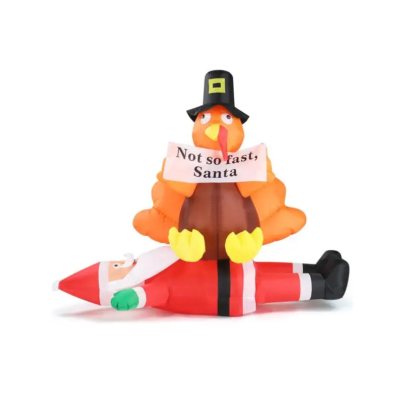 4.9 FT Lighted Inflatable Decoration, Turkey Sitting on Santa Claus, Funny Blow Up Yard Decor with Built-in LED Lights for