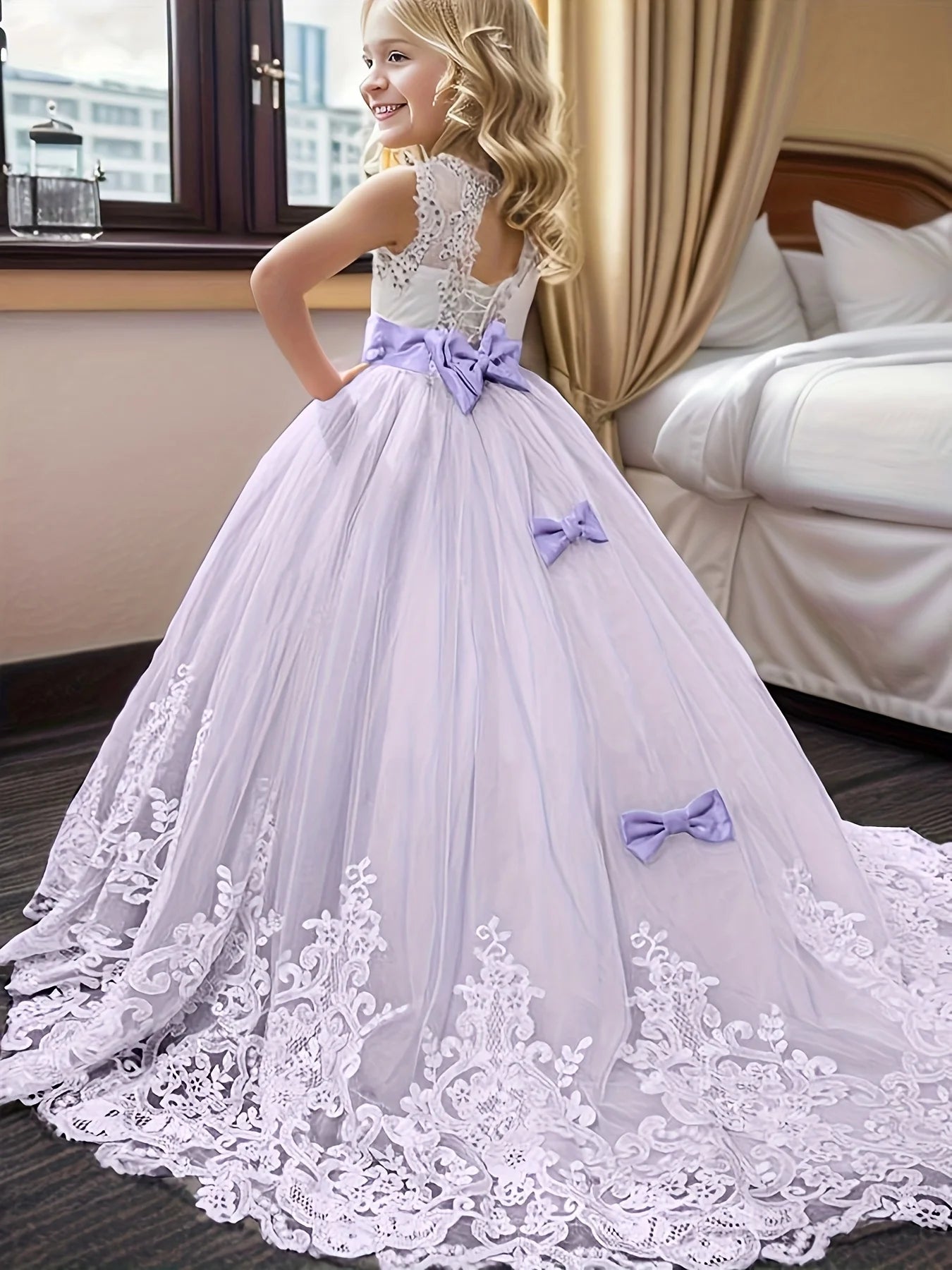 Girls' Lilac Autumn and Winter Princess Dress Children's Tulle Ball Gown Christmas Holiday Dress