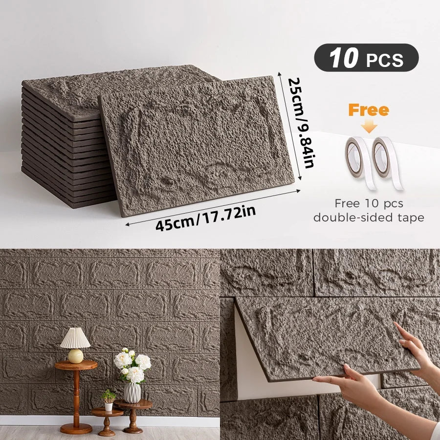 10pcs 3D Self-adhesive Stone Wall Panels 10mm thickness PU Wall Panels Wall Decor 9.84inx17.72in Suitable for indoor and outdoo