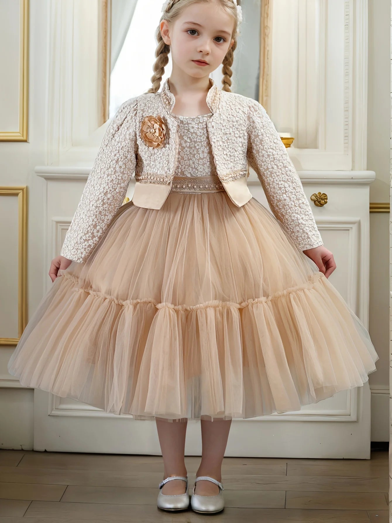 Girls Dress Set Spring Autumn Khaki Lotus Lace 2024 Fashion New Children Clothes Cute Princess Dresses and Coat Outfits 2-8 Year