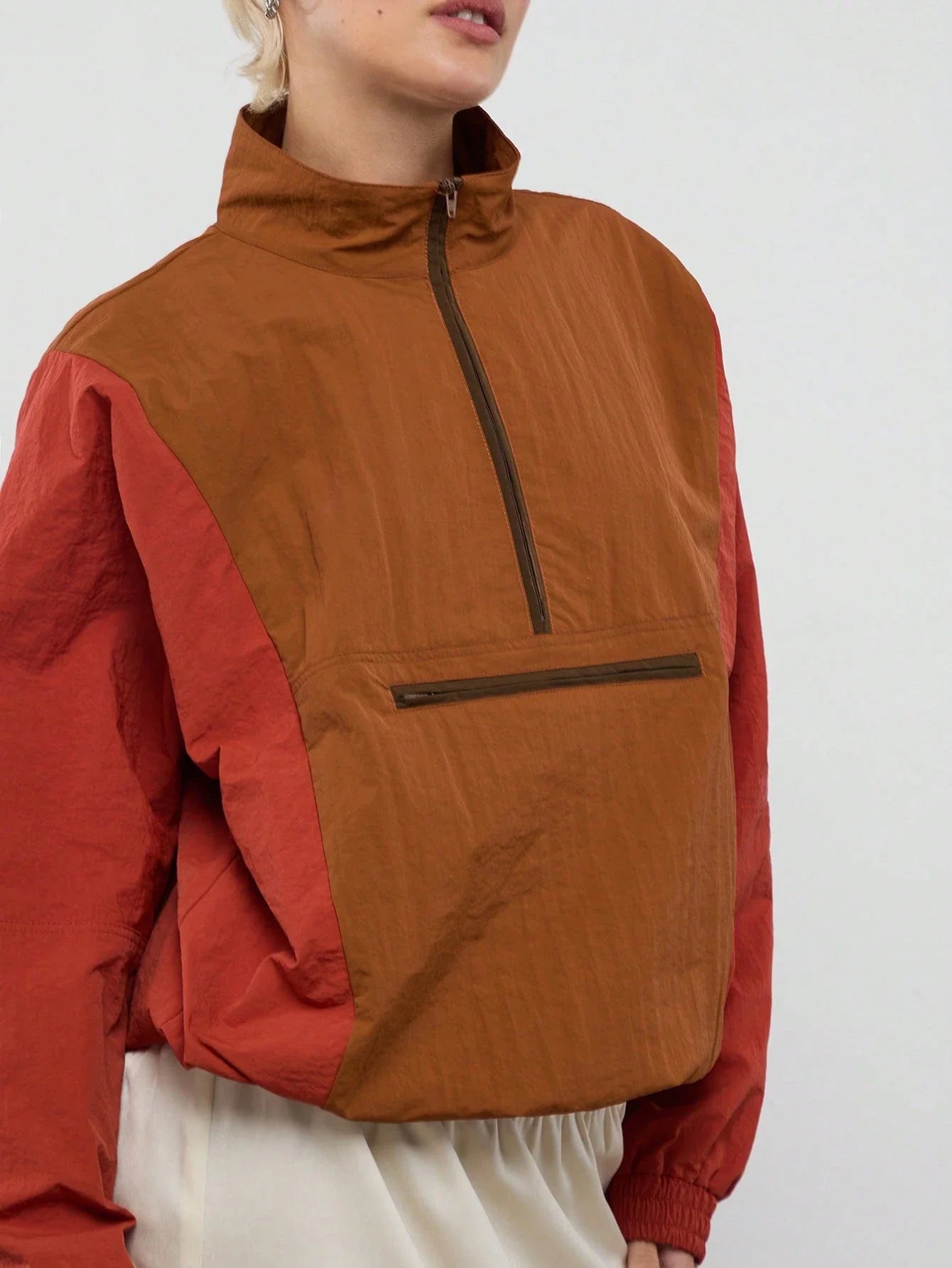 Colorblock Nylon Half-Zip Jacket For Women Streetwear Casual Sporty Outfit