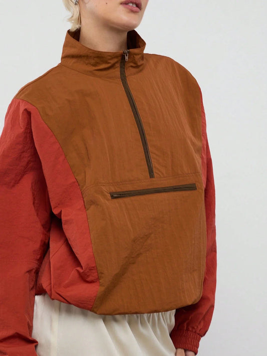 Colorblock Nylon Half-Zip Jacket For Women Streetwear Casual Sporty Outfit