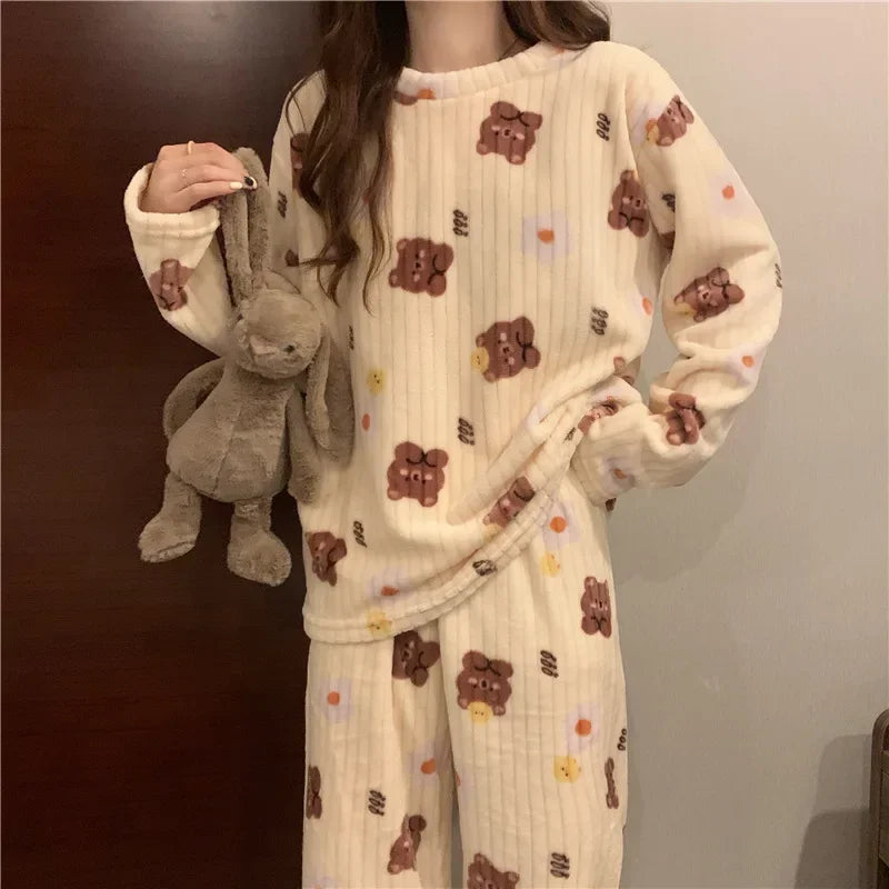 Winter Women's Pajamas Homewear Suit New Coral Fleece Warm Set of Fall and Winter Comfortable Warm Pajamas Homewear Suit