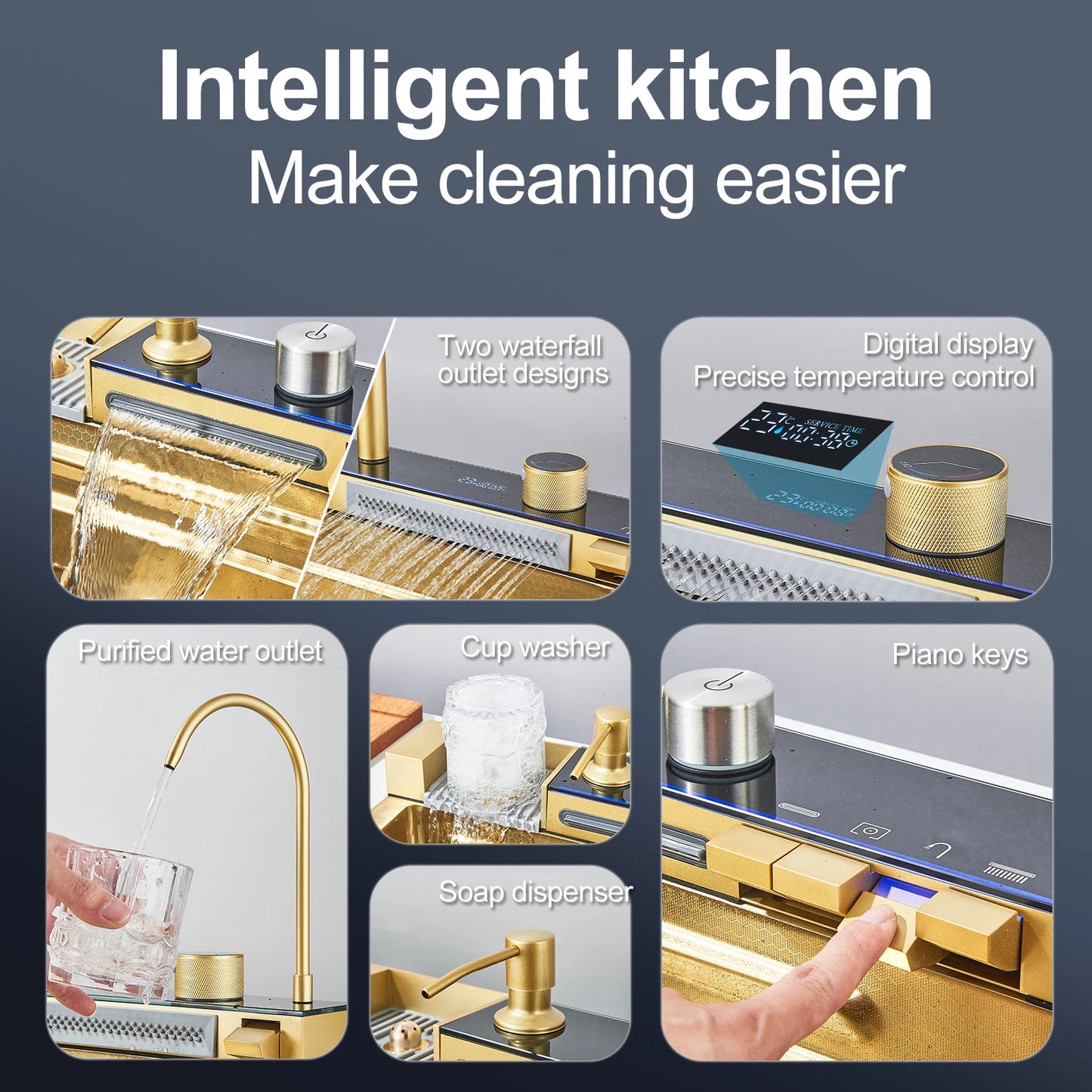 Stainless Steel Waterfall Kitchen Sink Faucet Set With Digital Display