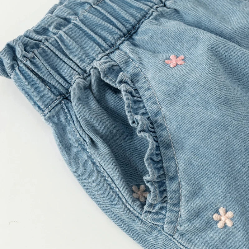 Dave Bella Girl's Embroidery Jeans Denim Pants Elastic Flower Band Spring Autumn Trousers Children's Casual Jeans DB3242342