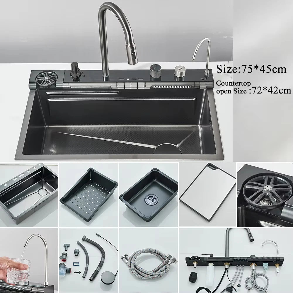 MYQualife Stainless Steel Waterfall Kitchen Sink With Digital Display Faucet