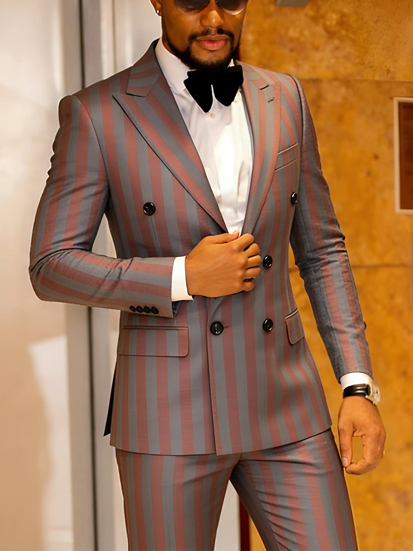NONECN Men's Jacquard 2-Piece Slim Fit Double Breasted Suit