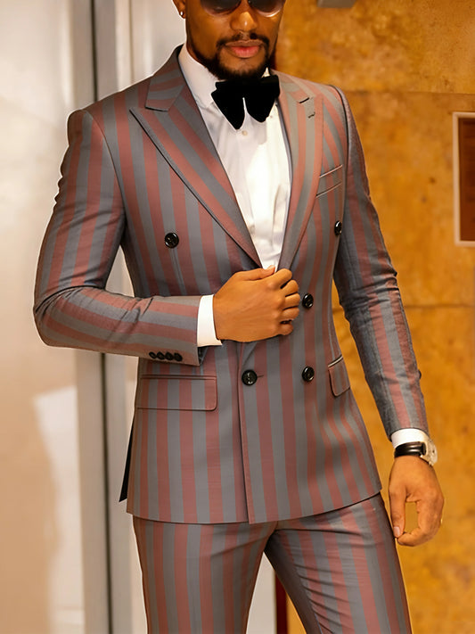 NONECN Men's Jacquard 2-Piece Slim Fit Double Breasted Suit