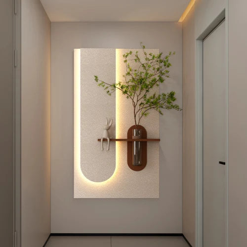 3D Art Sandstone Wall Decor with 3-Color Dimmable LED Light Artificial Green Plants Glass Vase Rabbit Statue Living Room Hallway