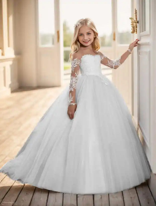 Lace Embroidery Sheer Long Sleeves Kids Trailing Gowns