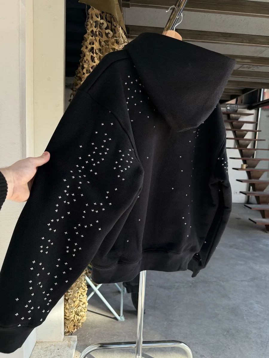 Men's American Retro Street Hip-Hop Loose Jacket Autumn Starry Hot Diamond Hooded Zipper Sweatshirt